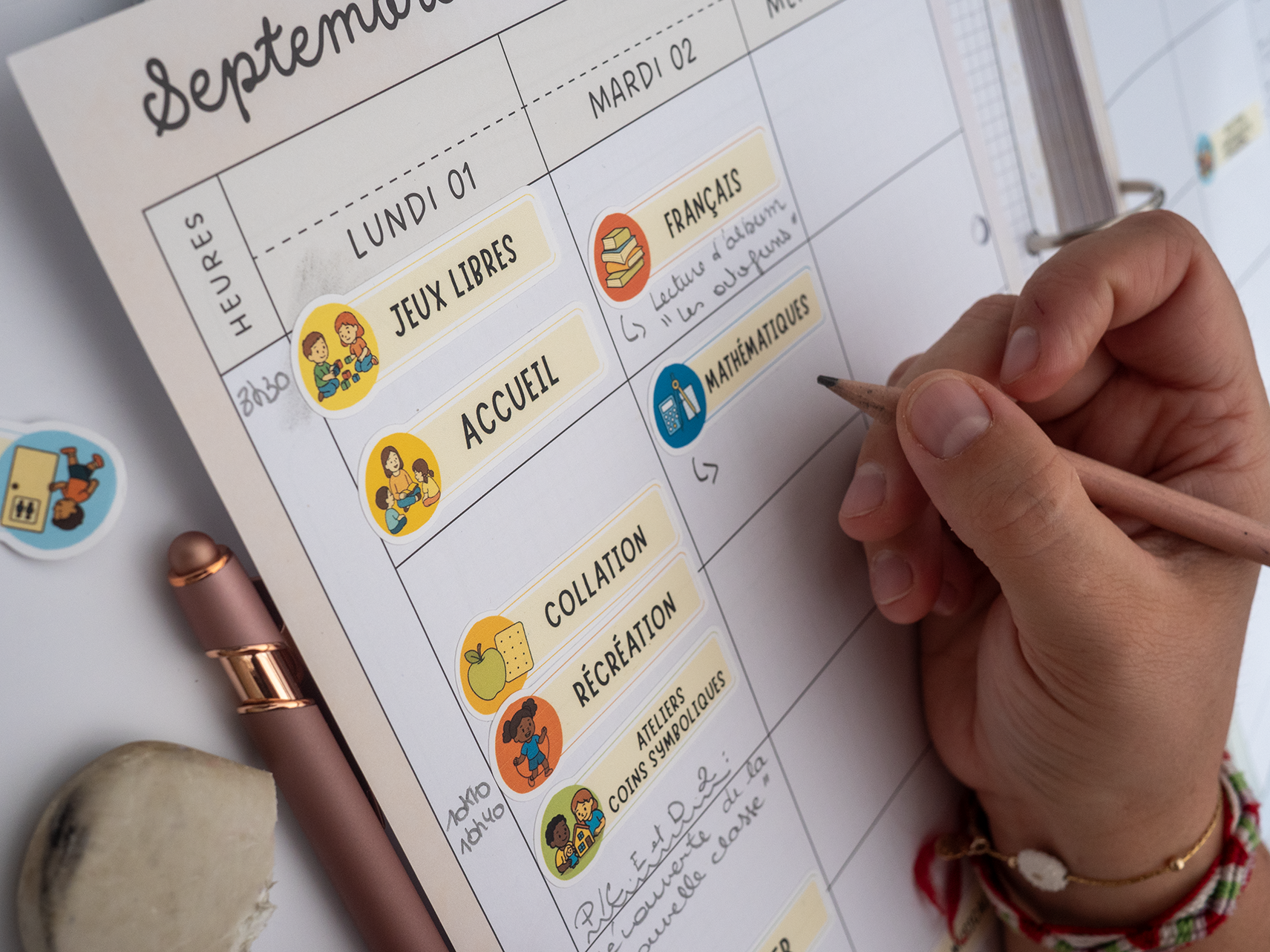 Des stickers colorés collés dans un journal de classe : jeux libres, accueil, collation, français, mathématiques